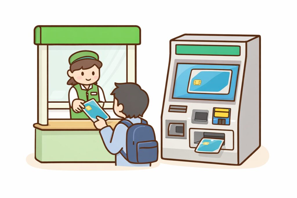 역 창구와 자동발매기에서 icoca 교통용 IC카드를 구매하는 모습을 그린 깔끔하고 귀여운 일러스트
