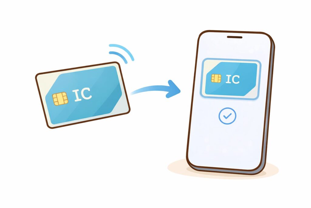 오사카 관서 지방 교통카드가 휴대폰에서도 간편하게 사용할 수 있다는 모습을 나타낸 일러스트