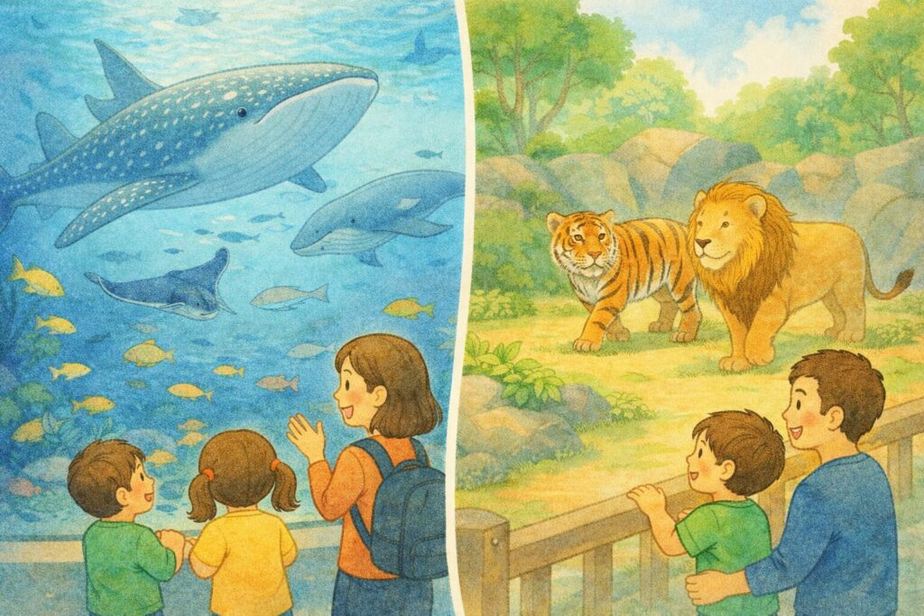 아이와 함께 수족관과 동물원을 즐기는 가족의 모습 일러스트