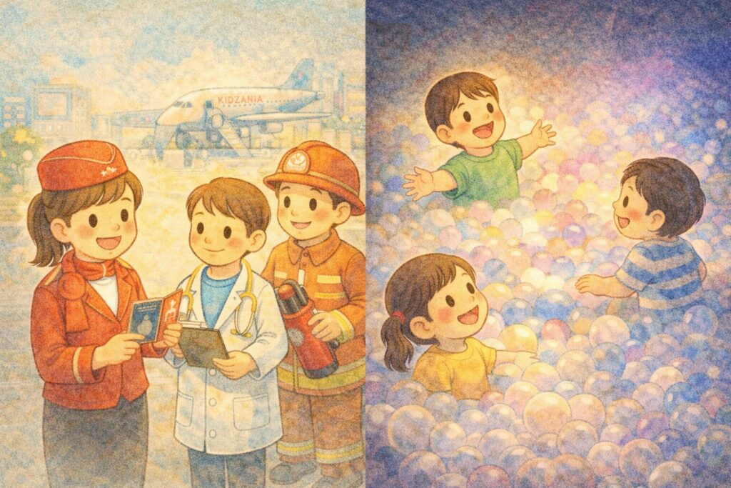 아이들이 직업 체험 활동과 감성적인 실내 볼풀 놀이를 즐기는 모습 일러스트
