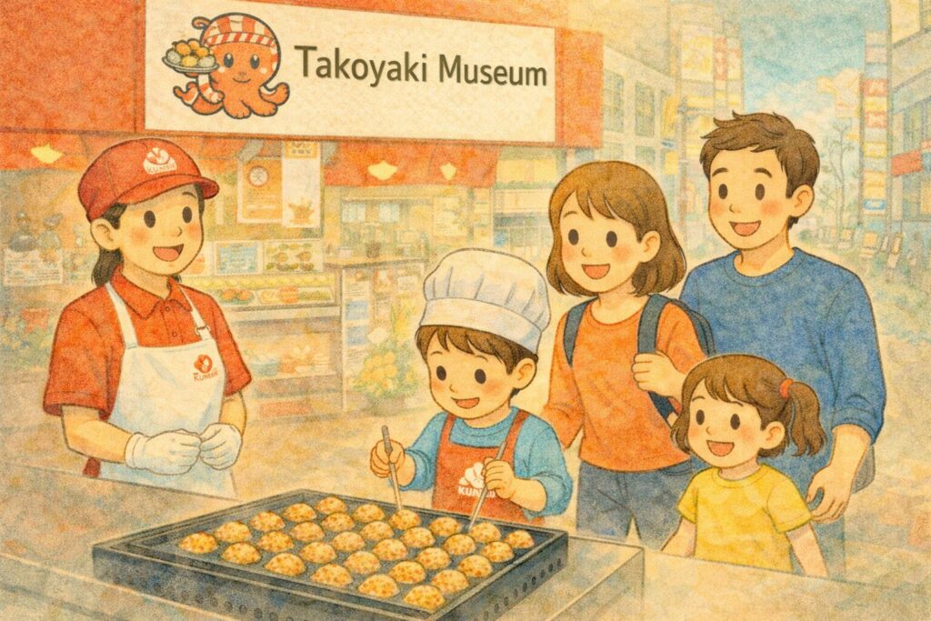 아이와 함께 타코야키 만들기 체험을 즐기는 가족의 모습 일러스트
