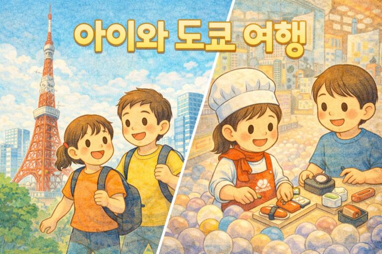 아이와 도쿄 가족여행에서 실내 체험 장소를 고르는 모습을 표현한 AI 참고 이미지