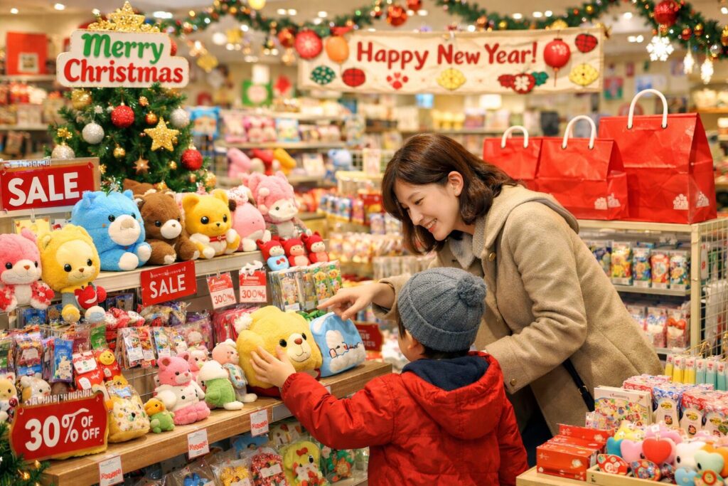 연말연시에 아이가 엄마와 함께 캐릭터 인형을 고르고 있는 모습