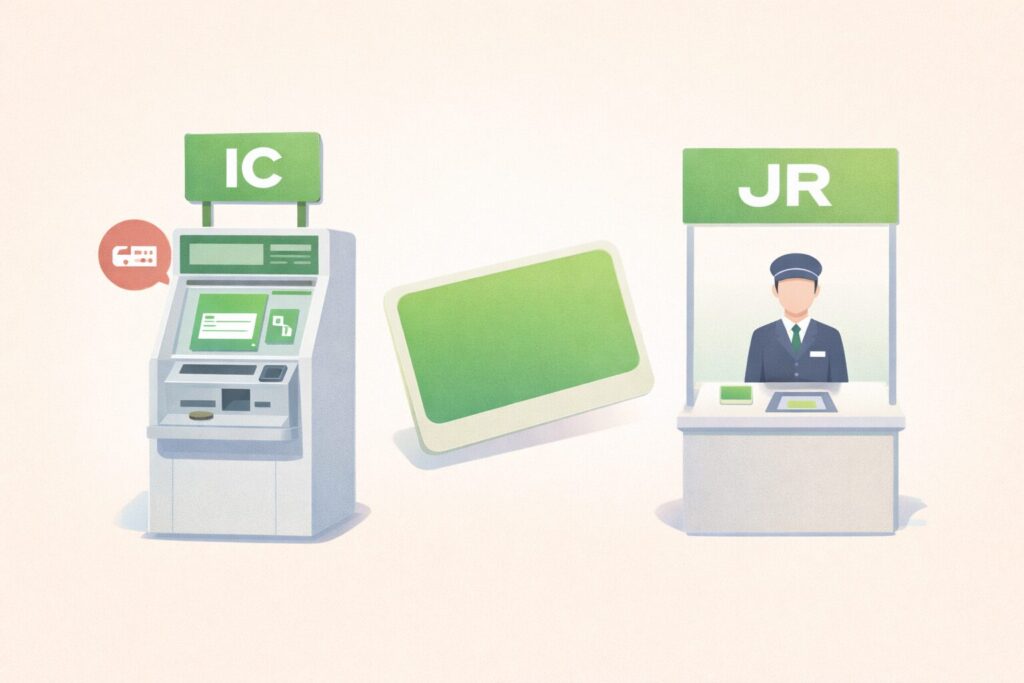 suica 교통카드를 발급하고 구매하는 방법을 설명한 일러스트