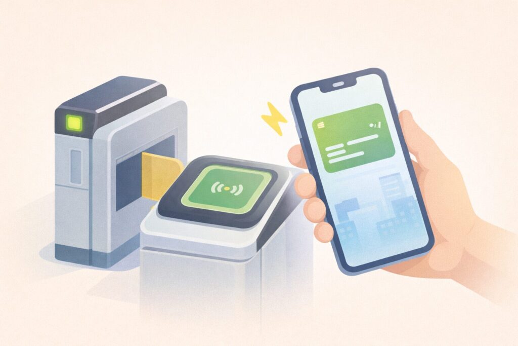 스마트폰으로 교통카드를 터치하는 모습