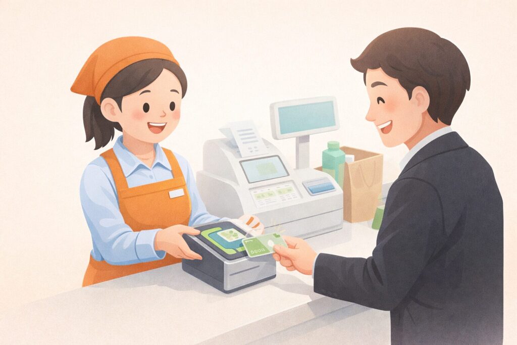 "교통카드를 이용해 매장에서 결제하는 장면"