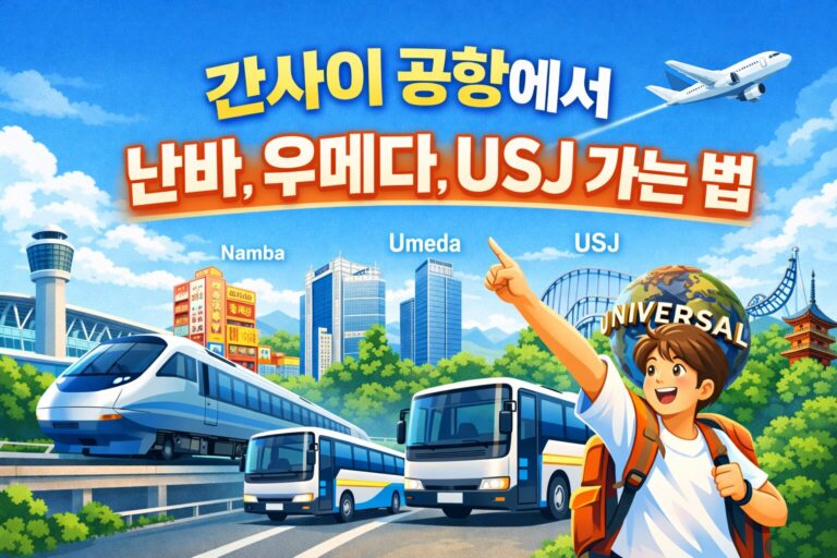 간사이 공항에서 난바·우메다·USJ 가는 법을 열차와 버스로 표현한 밝은 썸네일 이미지