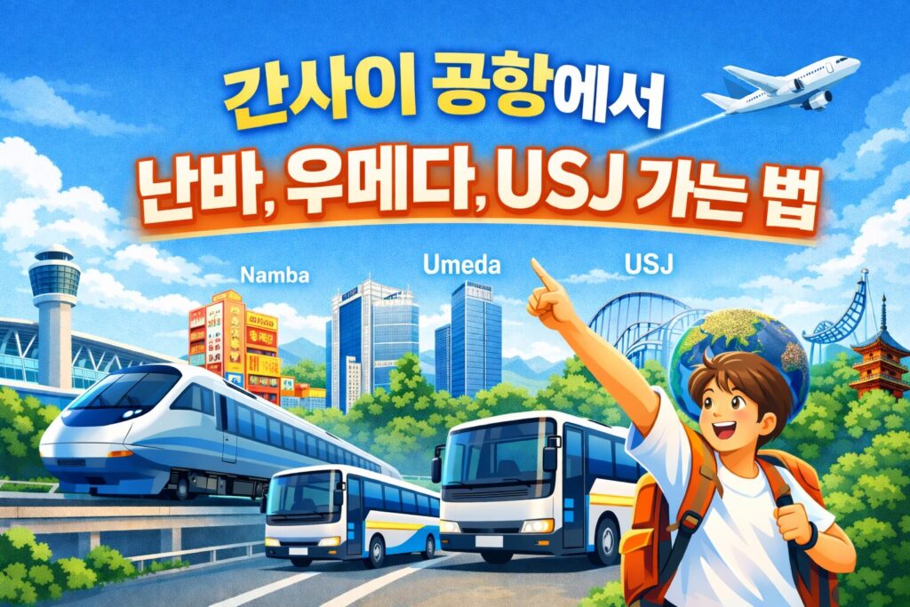 간사이 공항에서 난바·우메다·USJ 가는 법을 열차와 버스로 표현한 밝은 이미지