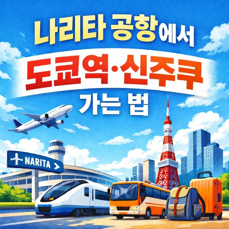 나리타 공항에서 도쿄역과 신주쿠로 이동하는 방법을 안내하는 일러스트 썸네일