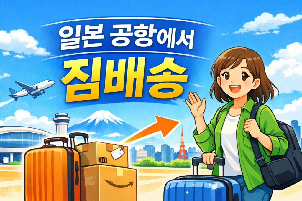 일본 공항에서 호텔로 짐배송을 알려주는 활기찬 이미지
